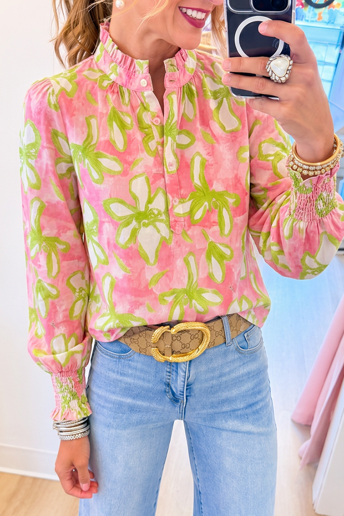 Ruffle Neck Floral Puff Sleeve Top