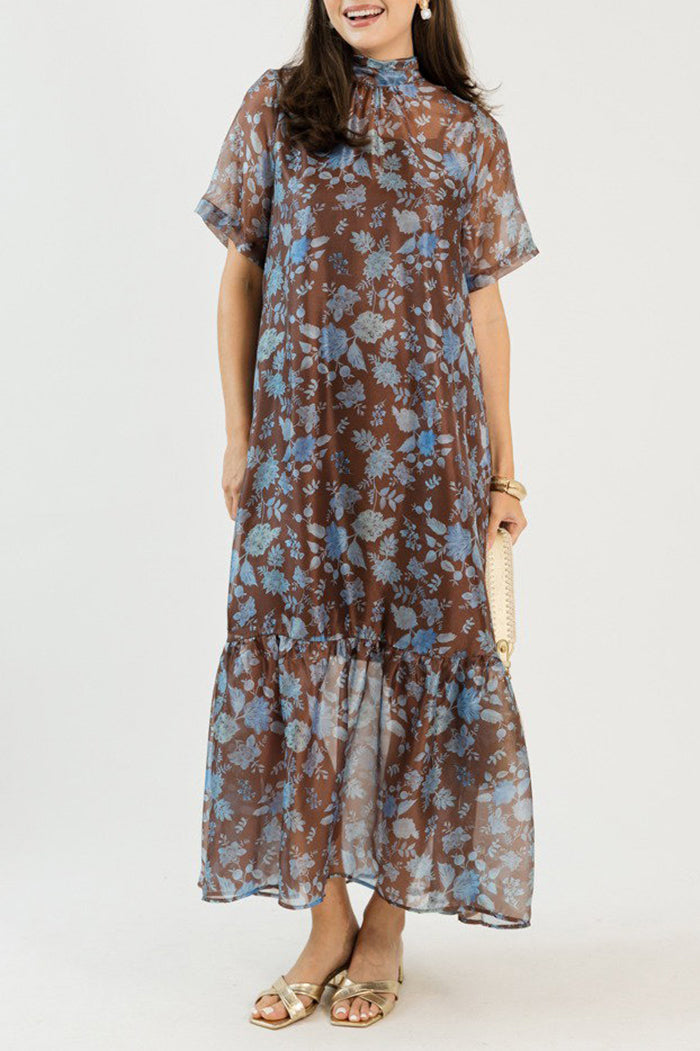 Mock Neck Short Sleeve Back Tie Floral Tiered Maxi Dress