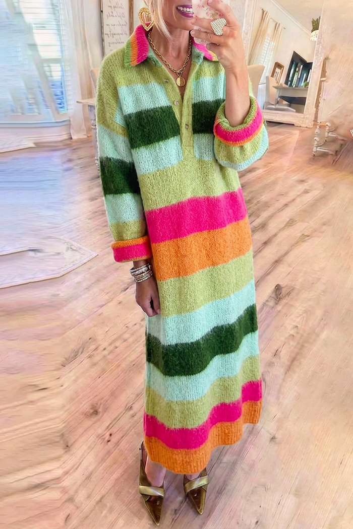 Color Block Stripe Knit Collared Half Button Long Sleeve Maxi Dress