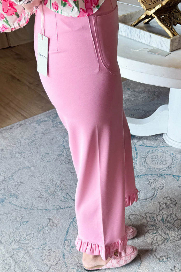 Pocketed Pink Ruffle Hem Pants