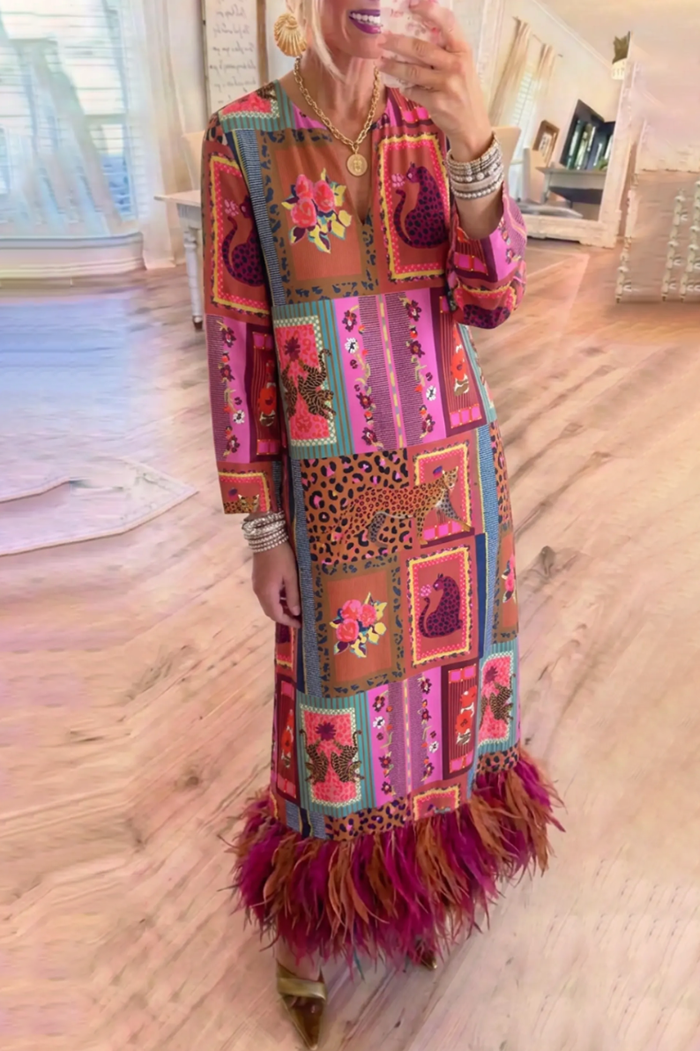 Leopard Floral Patchwork Print Long Sleeves Feather Fringe Maxi Dress