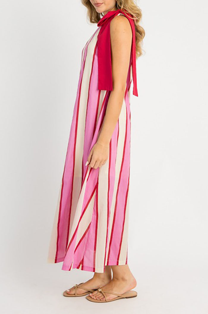 Stripe Shoulder Tie Pocket Dress