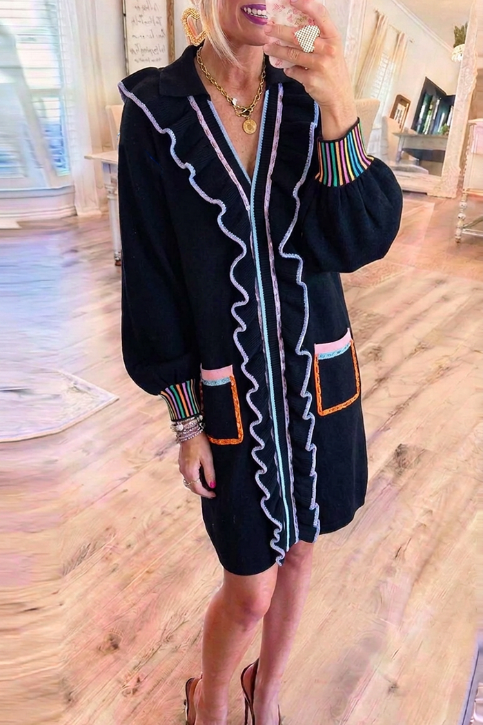 Black Colorful Ruffle Knit Pocket Shirt Dress