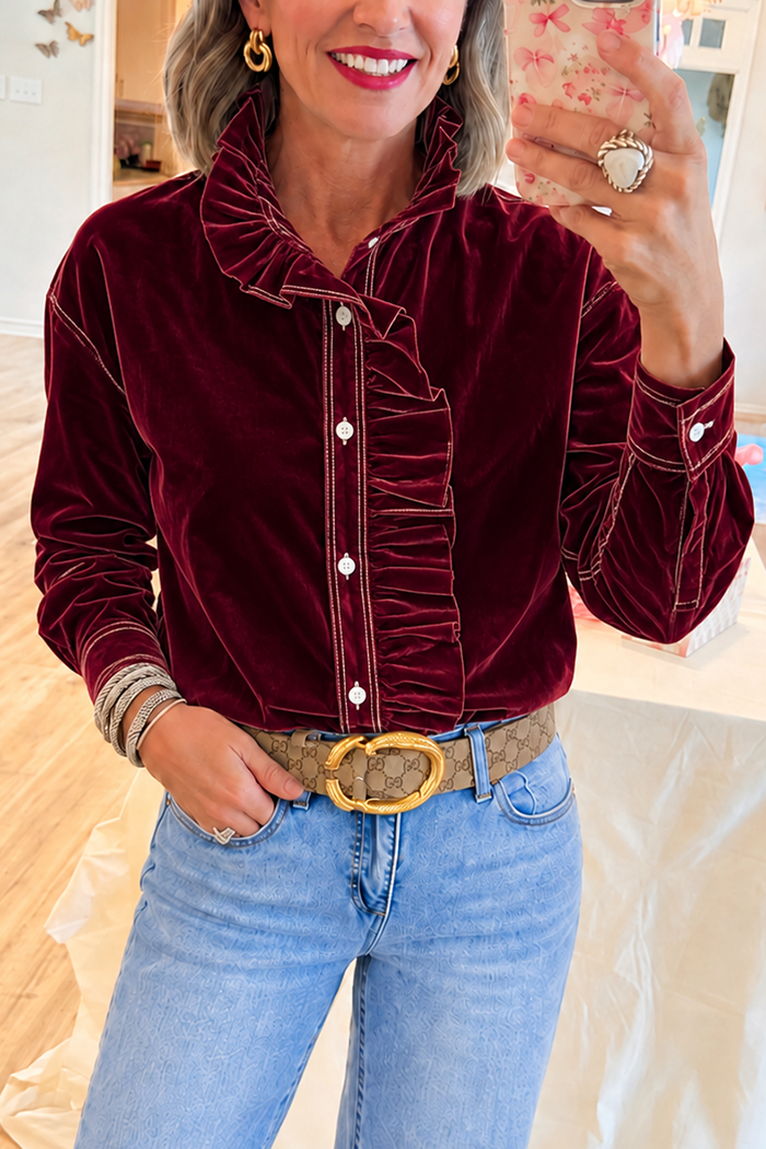 Ruffled Trim Button-Down Velvet Top