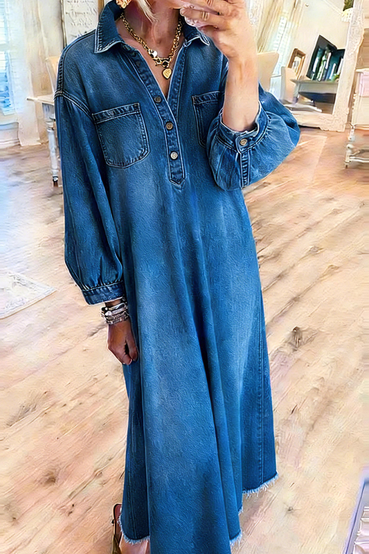 Pocketed Collared Half Placket Denim Maxi Dress