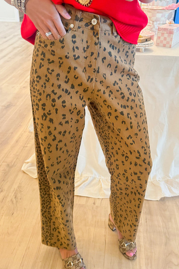 Camel Leopard Print Wide Leg Pants