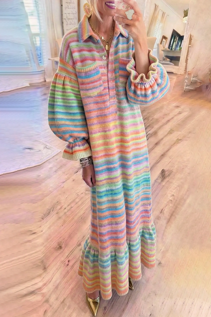 Rainbow Stripe Knit Half Button Ruffle Hem Maxi Dress