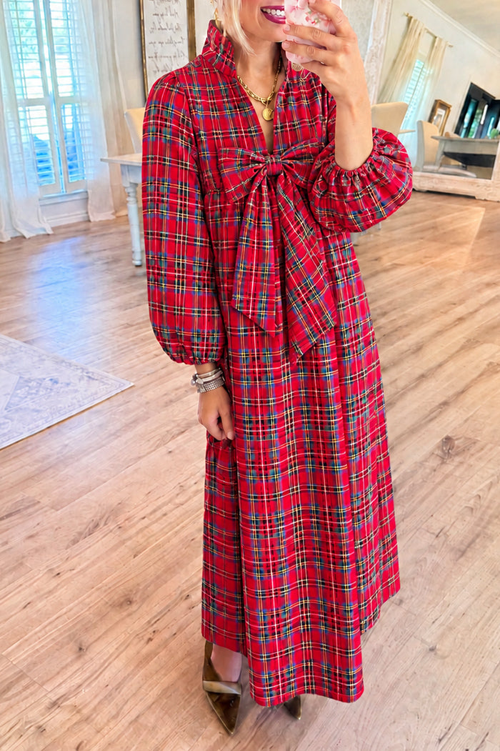 Red Tartan Plaid Bubble Sleeve Bow Maxi Dress