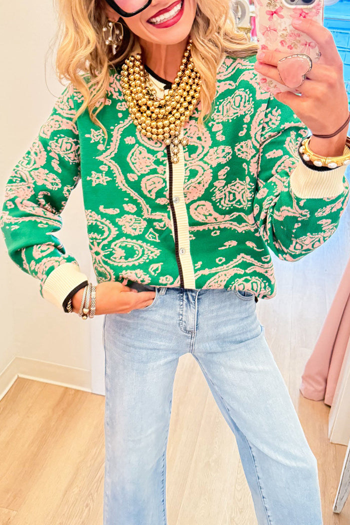 Green Paisley Knit Front Button Long Sleeve Cardigan