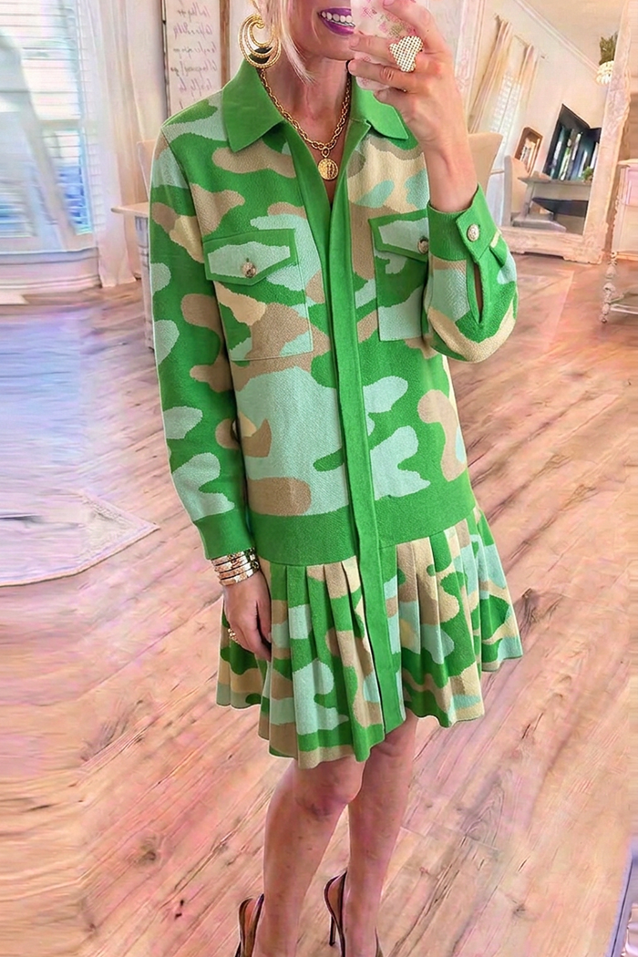Green Camo Knit Collared Pleated Hem Dress