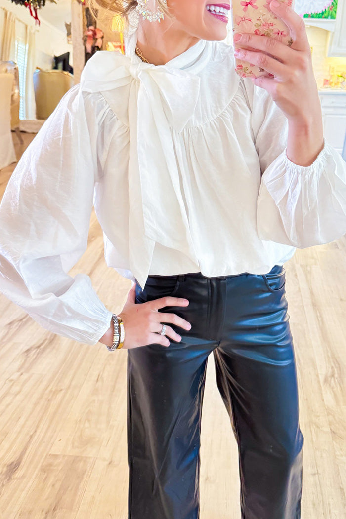 White Bow Tie Neck Ruffle Blouse