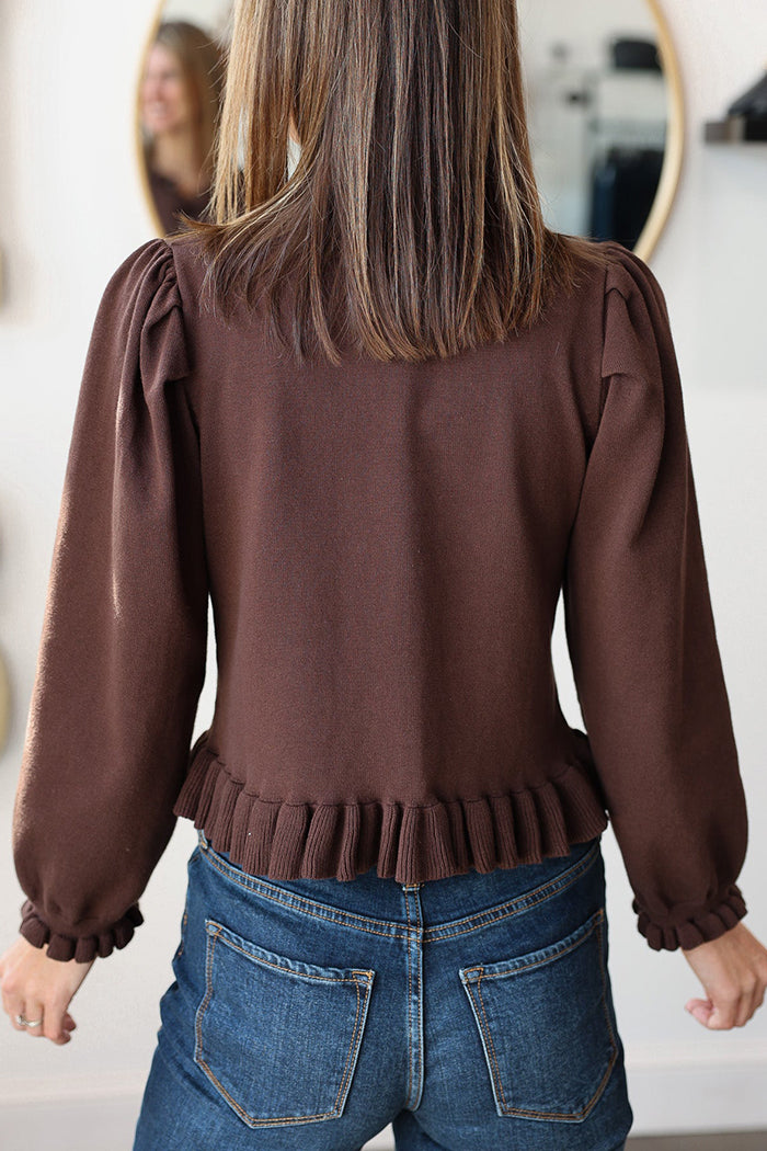Button-Front Ruffle Trim Knit Top