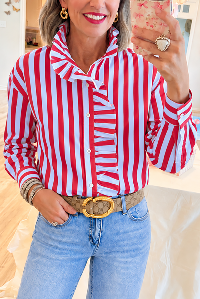 Red and White Striped Ruffled Trim Top