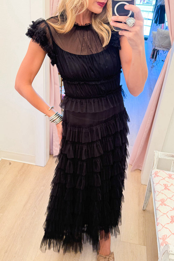 Black Tulle Layer Ruffle Maxi Dress