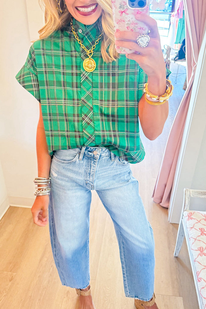 Green Plaid Cap Sleeve Top
