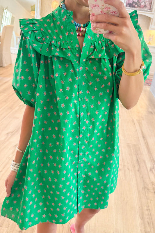 Floral Puff Sleeve Button Dress