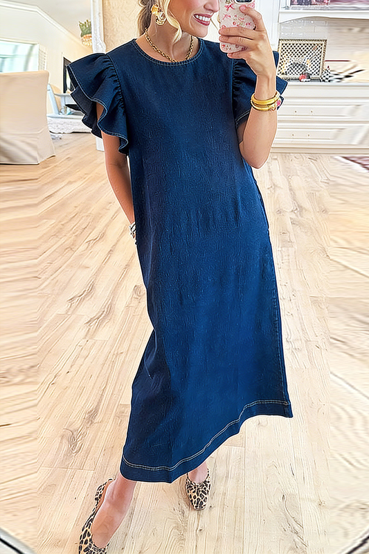 Crew Neck Ruffle Sleeve Pocket Denim Maxi Dress