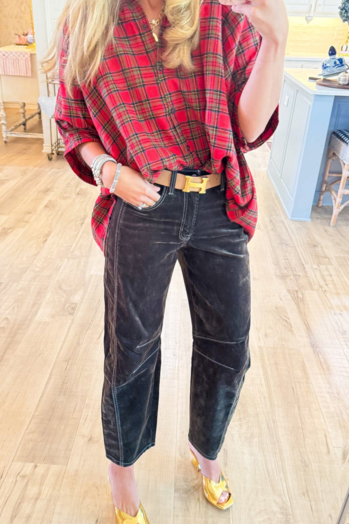 Velvet Textured High Rise Barrel Jeans