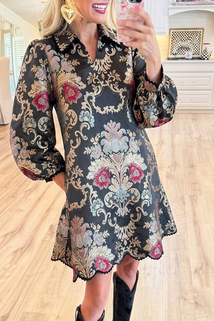 Black Baroque Floral Collared Puff Long Sleeve Dress