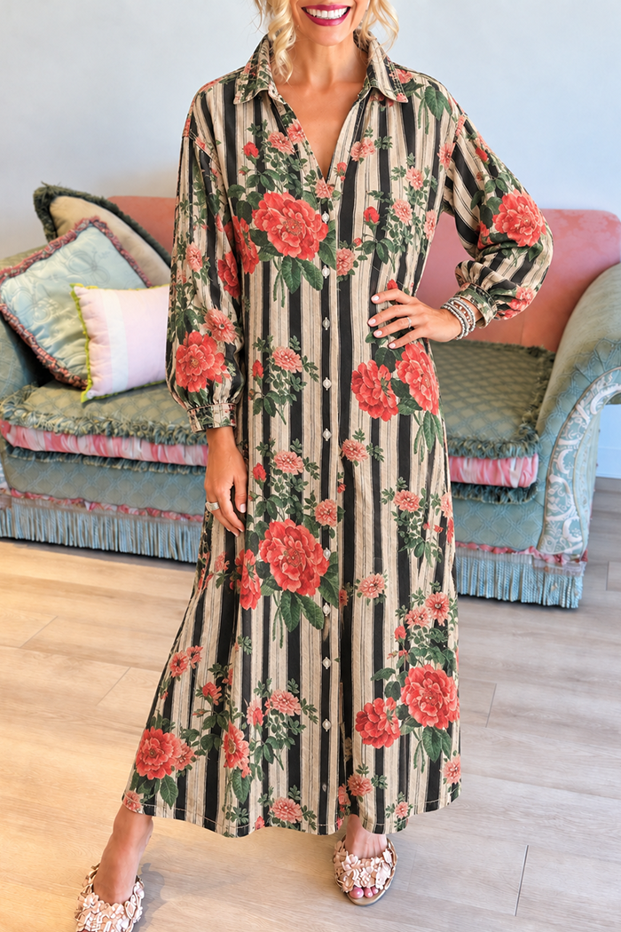 Vintage Stripe Floral Pockets Maxi Dress
