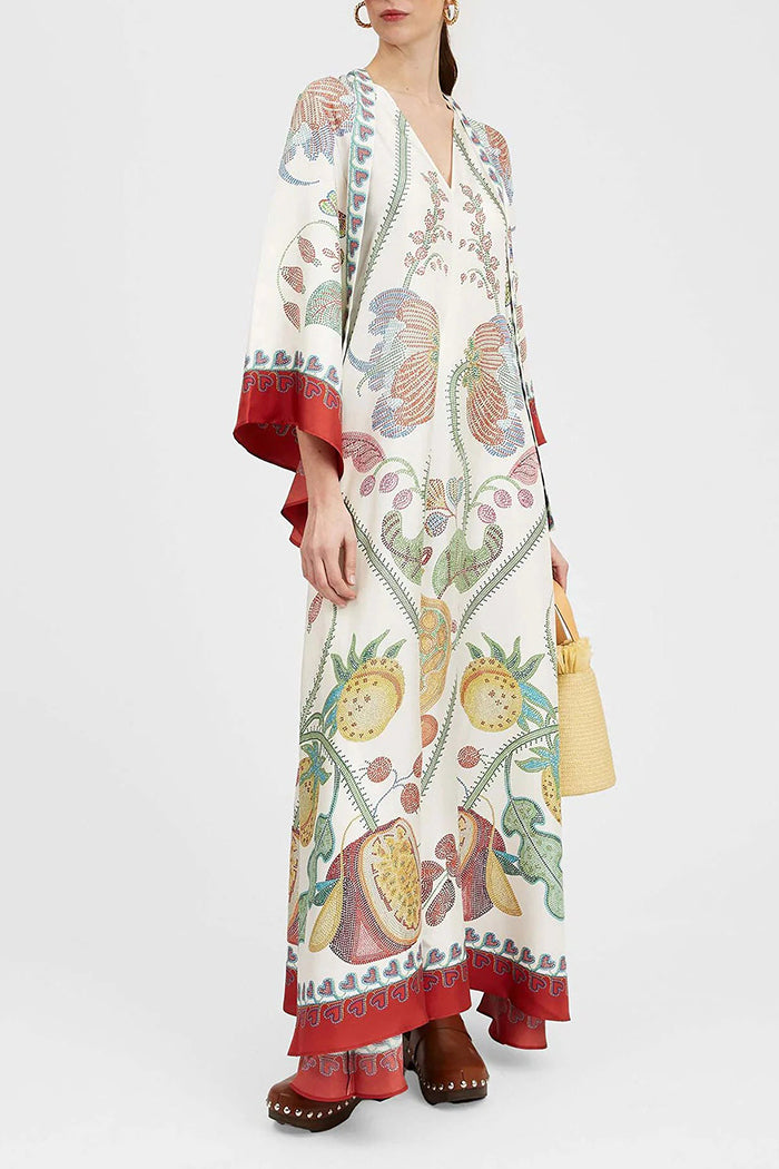 Tropical Fruit Print High-Neck Maxi Dress
