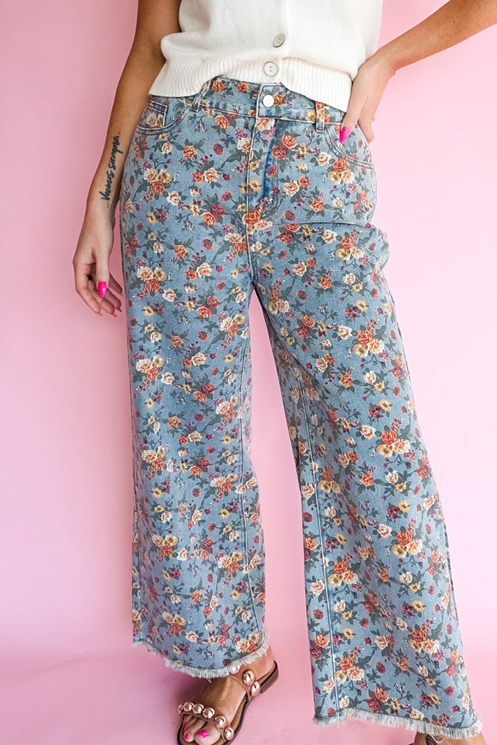 Floral Wide Leg Denim Pants