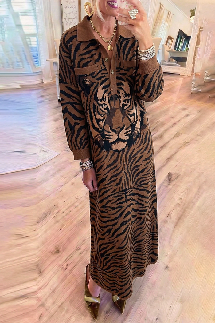 Tiger Jacquard Pockets Knit Maxi Dress
