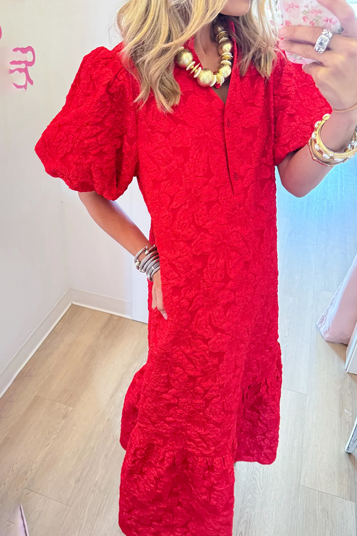 Red Puff Sleeve Jacquard Pocket Dress