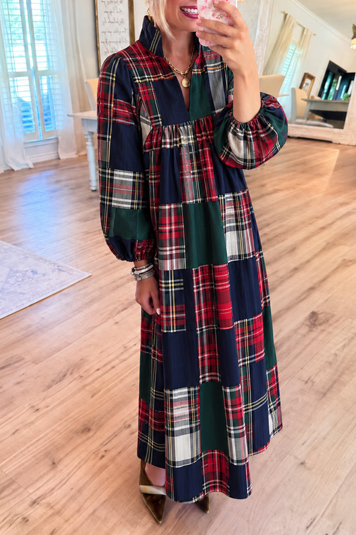 Bubble Sleeve Patchwork Tartan Maxi Dress