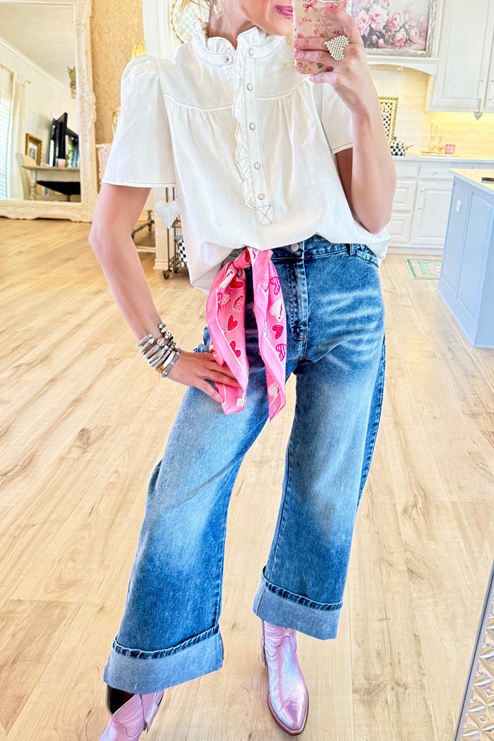 Ruffle Neck Short Sleeve Button Down Top
