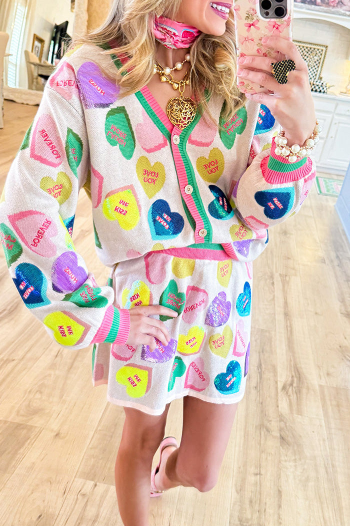 Heart Print Button Up Cardigan Set