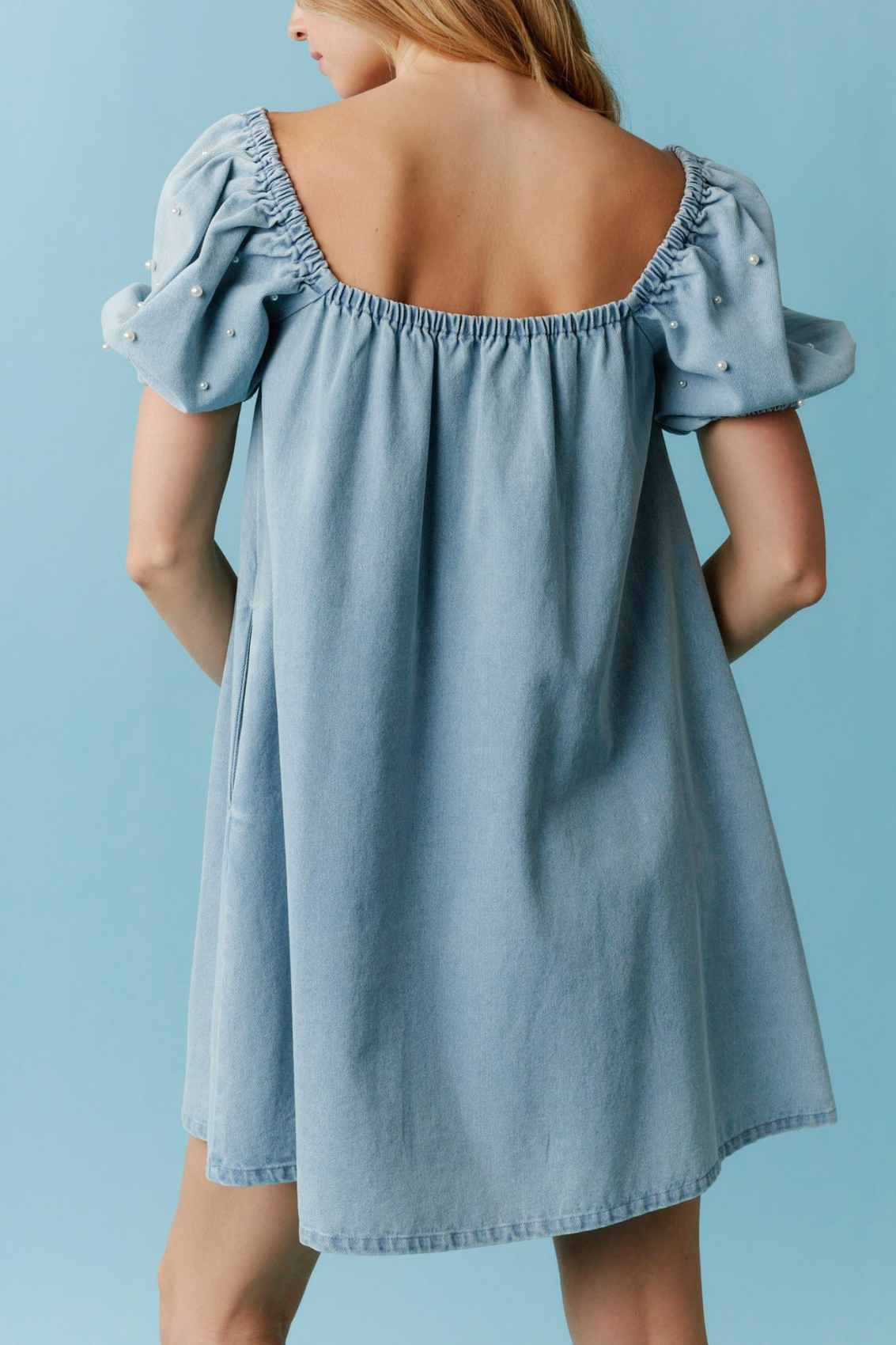 Puff Pearl Sleeve Denim Dress