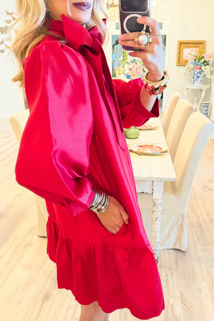 Bow Detail Ruffle Hem Pocket Dress