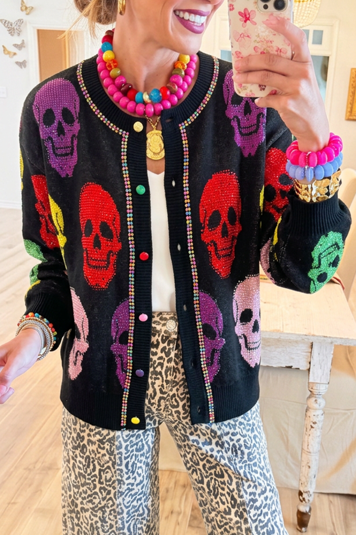 Round Neck Knit Colorful Skull Rhinestone Cardigan