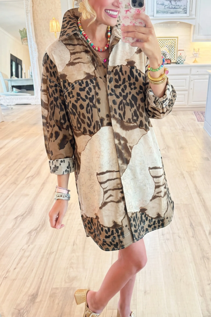 Collared Leopard Patchwork Button Pocket Dress