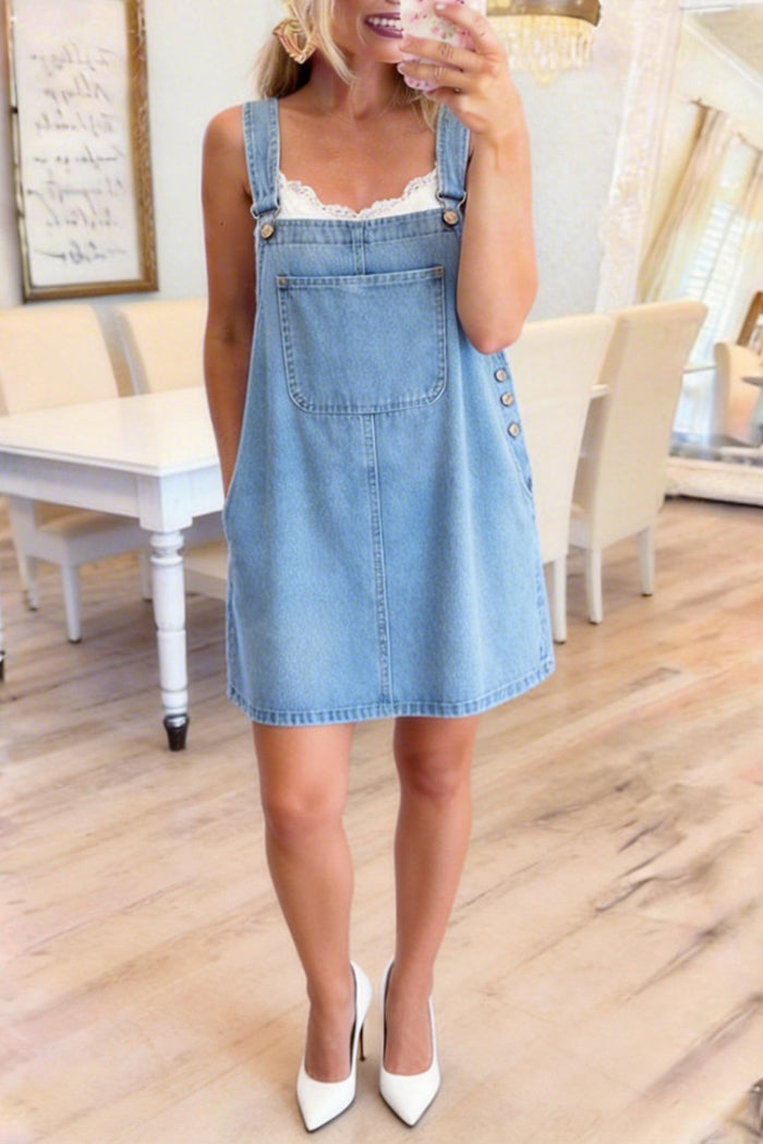 Side Button Overall Pocket Denim Dress