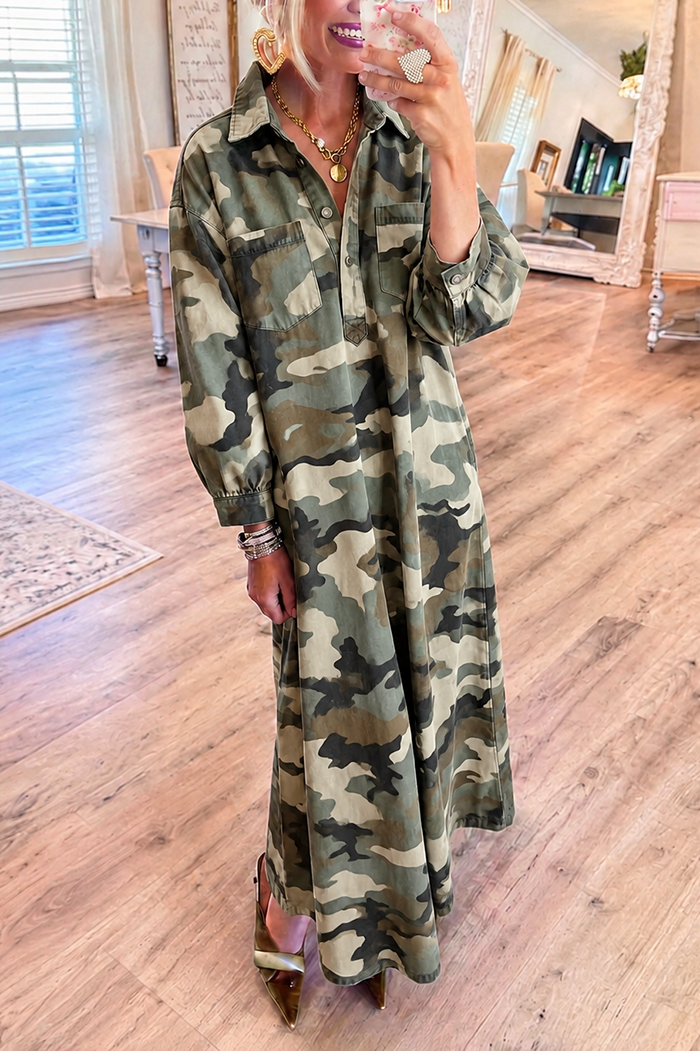 Long Sleeve Camo Pocket Denim Maxi Dress
