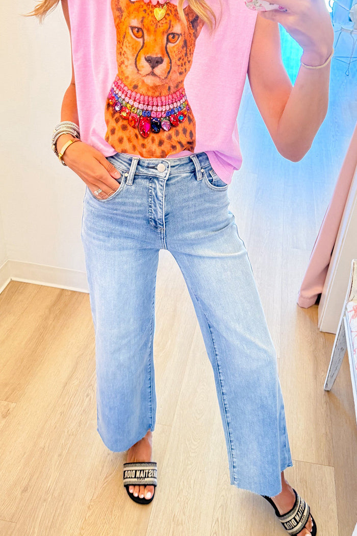 Light Wash Raw Hem Wide Leg Jeans