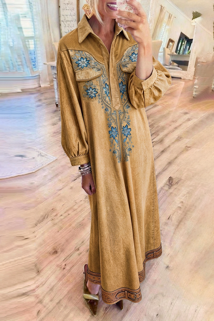 Floral Embroidery Pocket Shirt Collar Maxi Dress