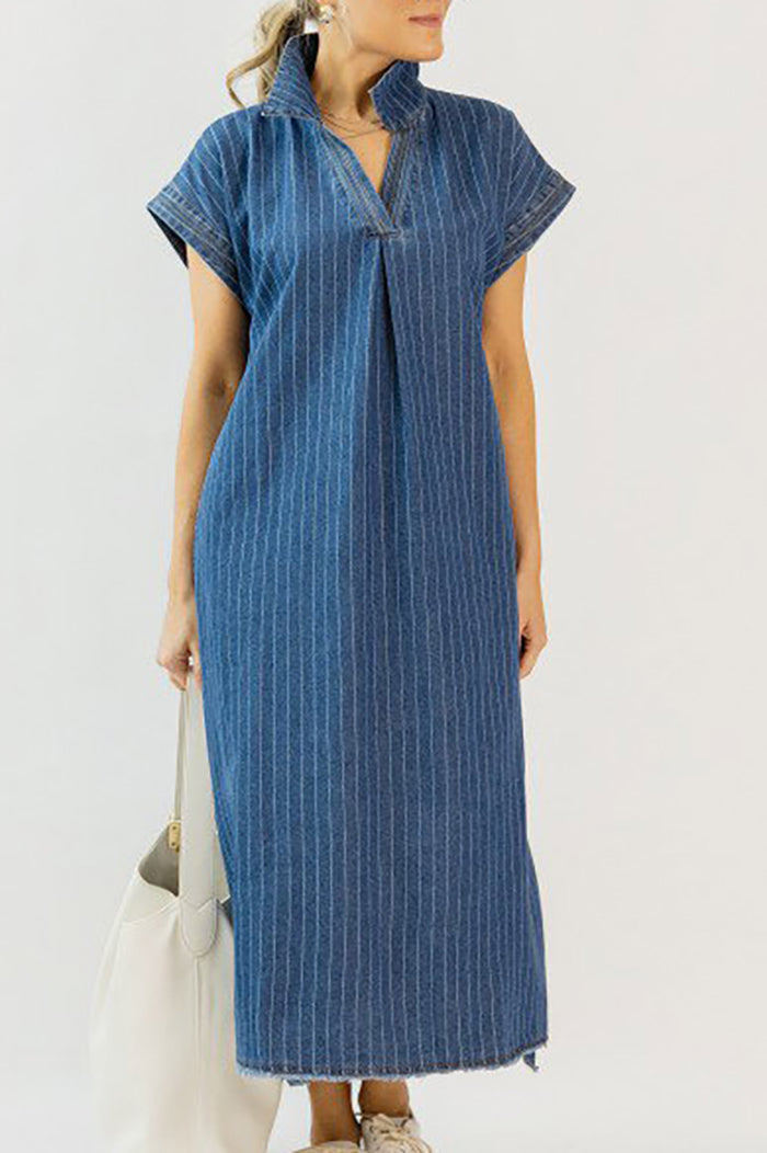 Pinstripe Denim Side Pocket Maxi Dress