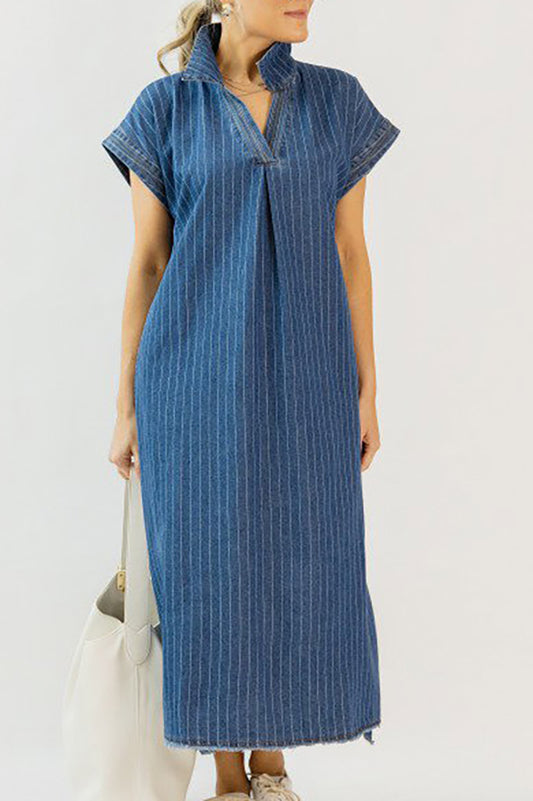 Pinstripe Denim Side Pocket Maxi Dress