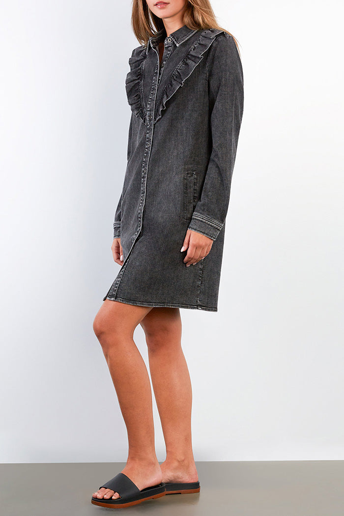 Pocketed Ruffle Trim Denim Shirt Dress