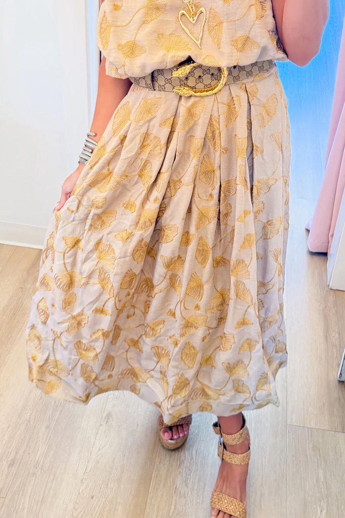 Beige Floral Embroidered Maxi Skirt