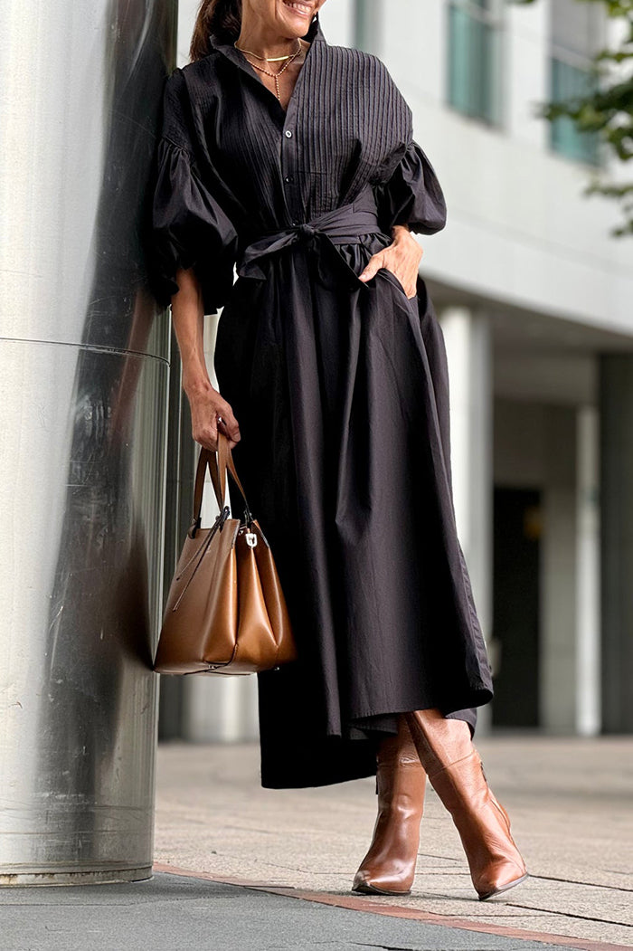 Puff-Sleeve Button-Front Pocket Midi Dress