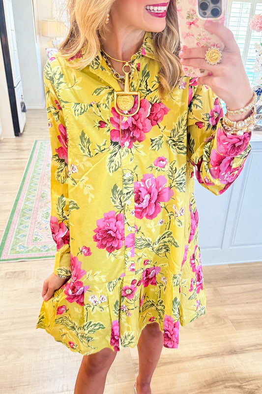 Pleated Long Sleeve Ruffle Hem Shirtdress