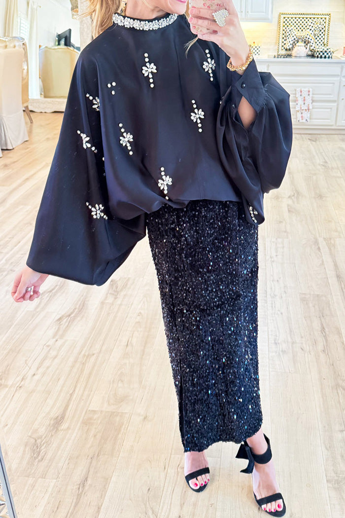 Casual Black Sequin Midi Skirt