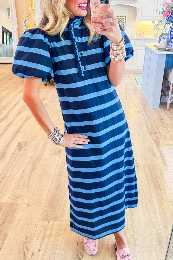 Ruffles Collar Stripe Puff Sleeve Dress