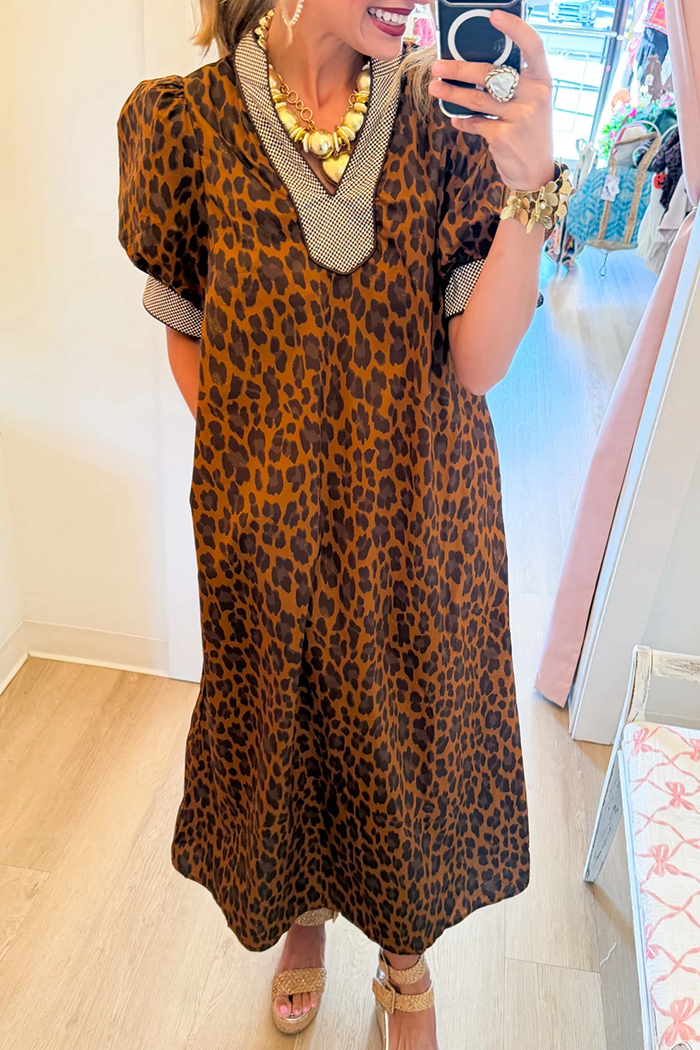 Brown Leopard Puff Sleeve Dress