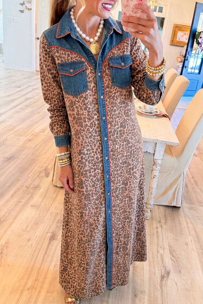 Casual Leopard Denim Dress