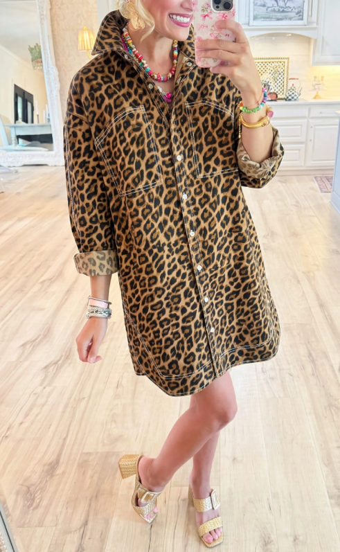 Casual Leopard Print Shirt Mini Dress